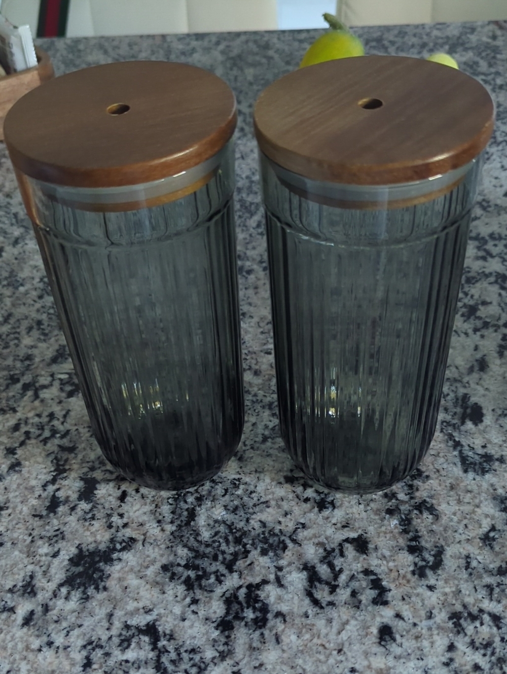 Hearth & Hand Smoky Gray Ribbed Glass Canisters with Wood Lids